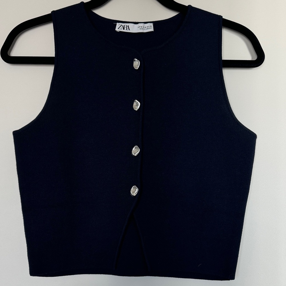 Zara Cropped Navy Sleeveless Buttoned Vest